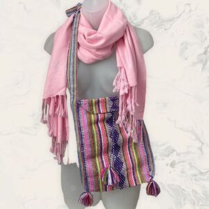 Serape Handmade Crossbody Bag and Cotton Pink Scarf Bundle - One Size - Pink/ Pu